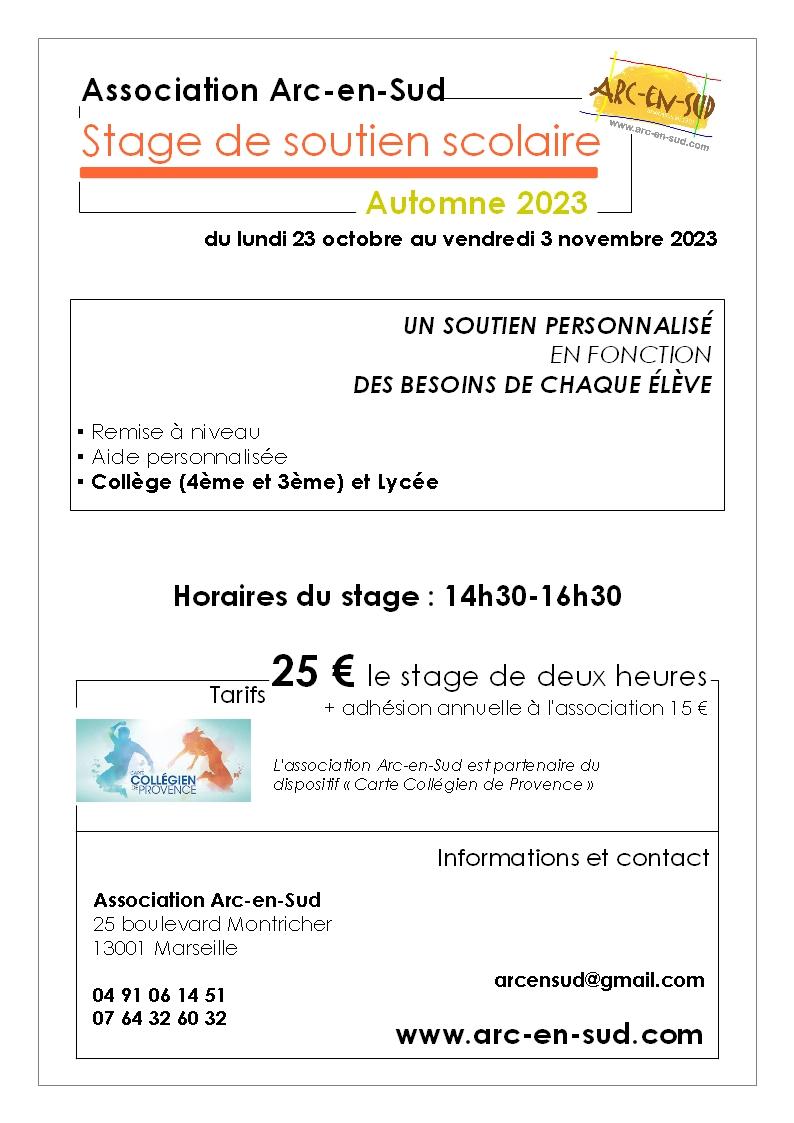 Stage de soutien scolaire automne 2023